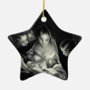 Nativity Baby Jesus Virgin Mary Angels Black White Ceramic Tree Decoration