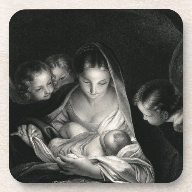 Nativity Baby Jesus Virgin Mary Angels Black White Coaster (Front)