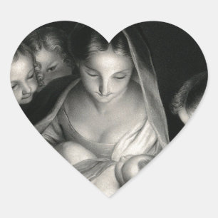 Nativity Baby Jesus Virgin Mary Angels Black White Heart Sticker