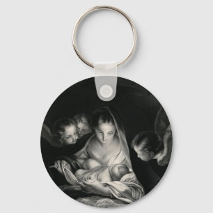 Nativity Baby Jesus Virgin Mary Angels Black White Key Ring