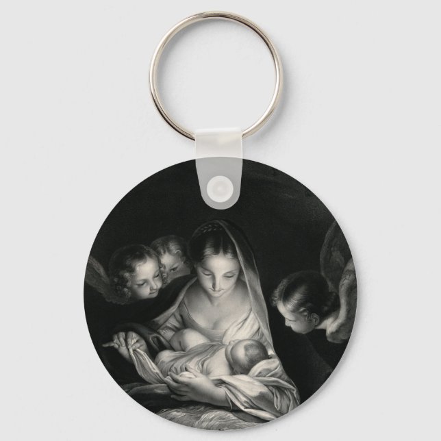 Nativity Baby Jesus Virgin Mary Angels Black White Key Ring (Front)