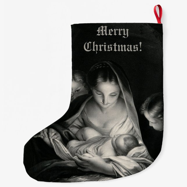Nativity Baby Jesus Virgin Mary Angels Black White Large Christmas Stocking (Back)