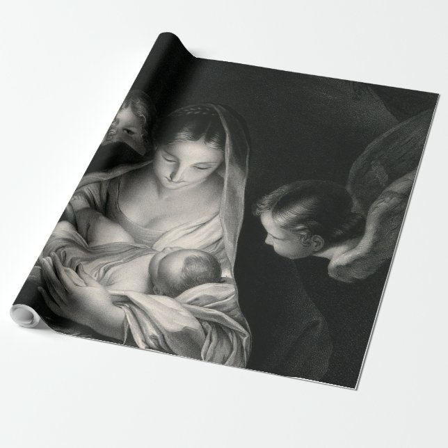 Nativity Baby Jesus Virgin Mary Angels Black White Wrapping Paper (Unrolled)