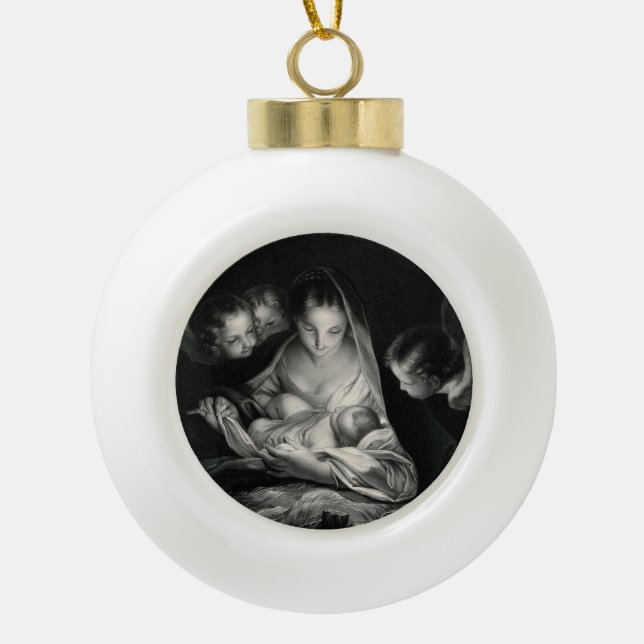 Nativity Baby Jesus Virgin Mary Angels Christmas Ceramic Ball Christmas Ornament (Front)