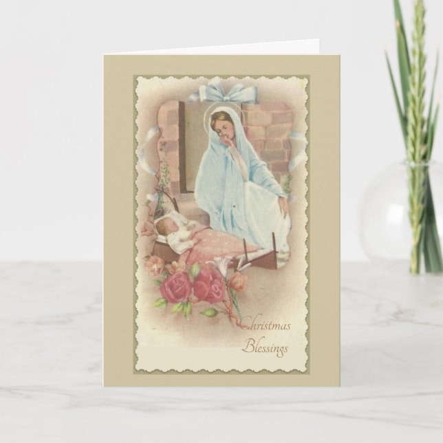 Nativity Blessed Mother Baby Jesus in Manger Holiday Card (Front)