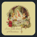 Nativity Blessed Mother Baby Jesus Rosary Roses Sq Square Sticker<br><div class="desc">Beautiful traditional Catholic religious Christmas image of Blessed Virgin Mary adoring the Baby Jesus in the Manger with the Rosary and Red Roses. Text and fonts can be modified.</div>
