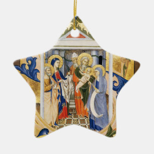 NATIVITY , BLUE STAR AND GOLD Gem stone Ceramic Tree Decoration