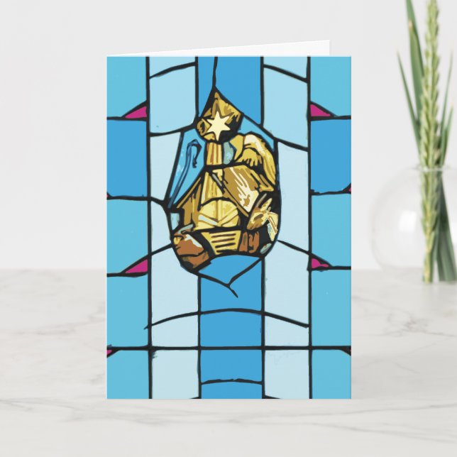 Nativity Blue Zoom Stained Glass Christmas Holiday Card (Front)