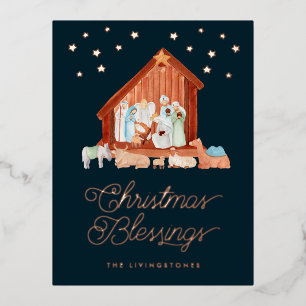 Nativity Christmas Blessings Photo Rose Gold Foil Holiday Postcard
