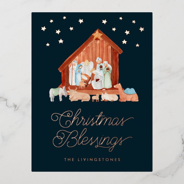 Nativity Christmas Blessings Photo Rose Gold Foil Holiday Postcard (Front)