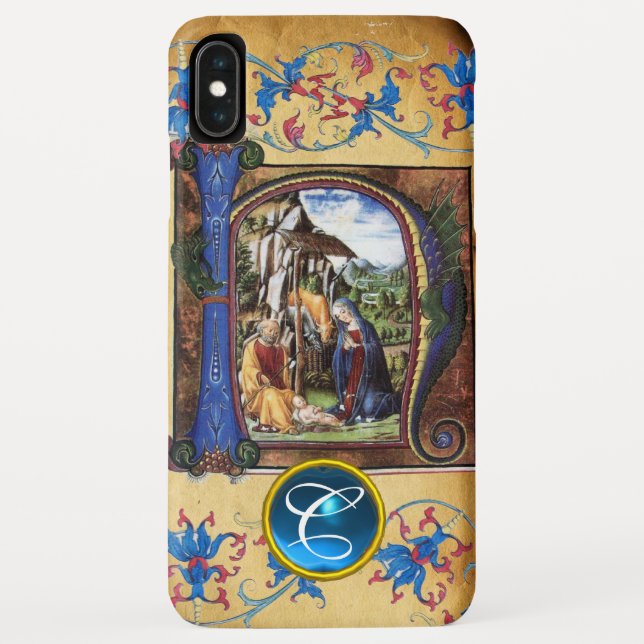 NATIVITY CHRISTMAS PARCHMENT BLUE GEM MONOGRAM Case-Mate iPhone CASE (Back)
