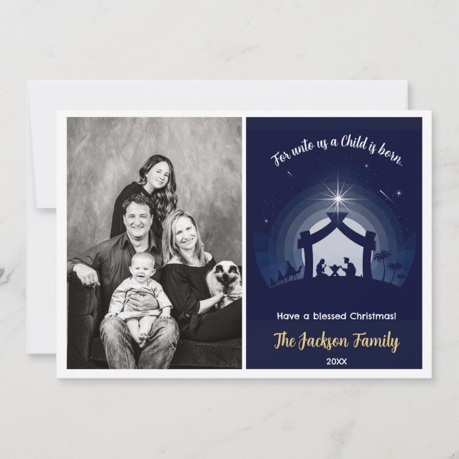 Nativity Christmas Photo Cards (Navy Blue) (Front)