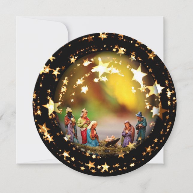 Nativity Crib Virgin Mary Jesus Christmas Stars Holiday Card (Front)