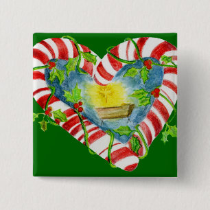 Nativity in Candy Cane Heart 15 Cm Square Badge