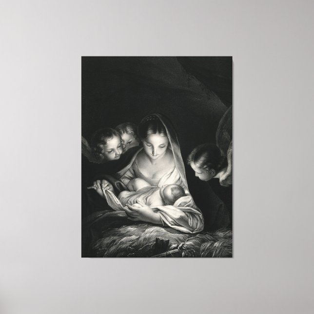 Nativity Jesus Virgin Mary Angels Black White Canvas Print (Front)