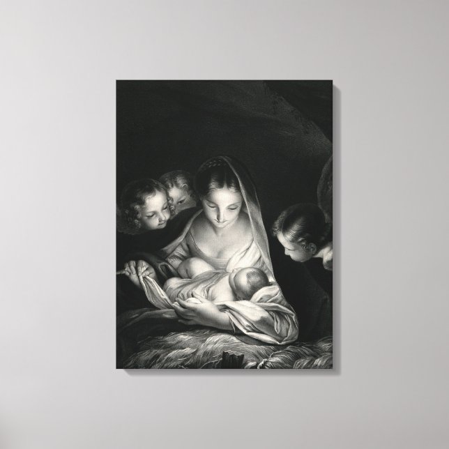 Nativity Jesus Virgin Mary Angels Black White Canvas Print (Front)