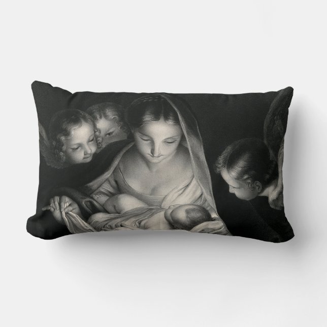 Nativity Jesus Virgin Mary Angels Black White Lumbar Cushion (Front)