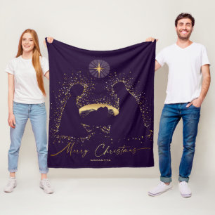 Nativity Manger Christmas Purple Gold Custom Name Fleece Blanket