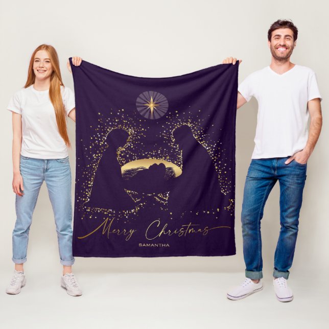 Nativity Manger Christmas Purple  Gold Custom Name Fleece Blanket (In Situ)