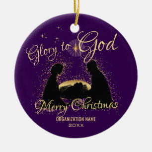 Nativity Manger Glory To God Purple Ceramic Tree Decoration