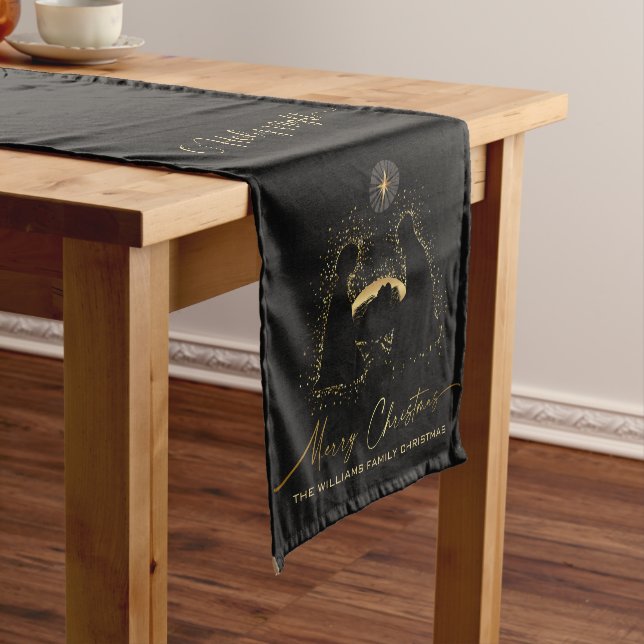 Nativity Manger Holy Night Black Gold Custom Name  Short Table Runner (In Situ)