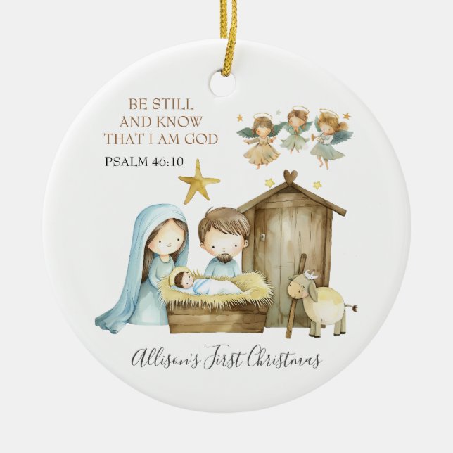 Nativity Manger Scene Bible Verse First Christmas Ceramic Tree Decoration (Front)