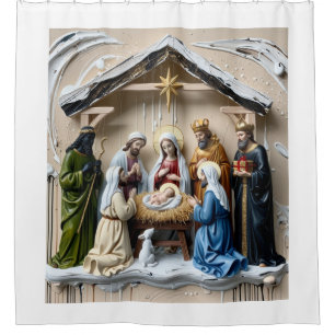 Nativity manger, tree wise men Bethlem Shower Curtain