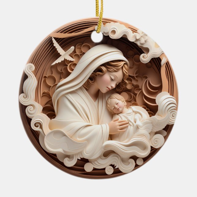 Nativity Mary and Baby Jesus 3d Wood Look Ceramic Tree Decoration (Front)