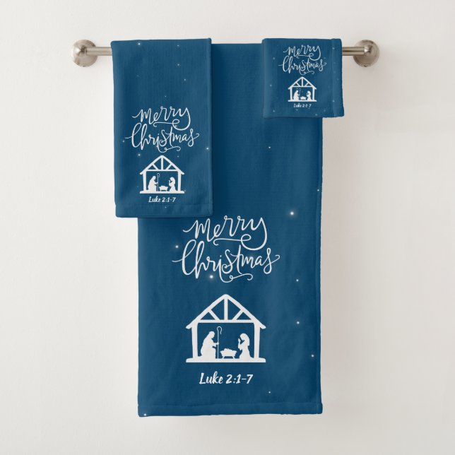Nativity Merry Christmas Blue Bath Towel Set (Insitu)