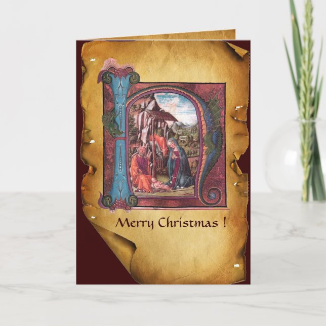 NATIVITY MONOGRAM CHRISTMAS PARCHMENT HOLIDAY CARD (Front)