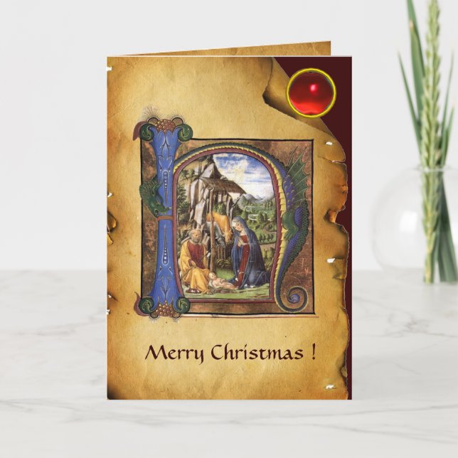 NATIVITY MONOGRAM CHRISTMAS PARCHMENT Red Ruby Gem Holiday Card (Front)