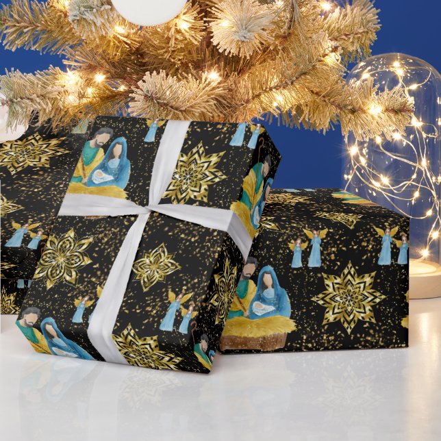 Nativity Night Mary Joseph Jesus Angels Golden Wrapping Paper (Holidays)