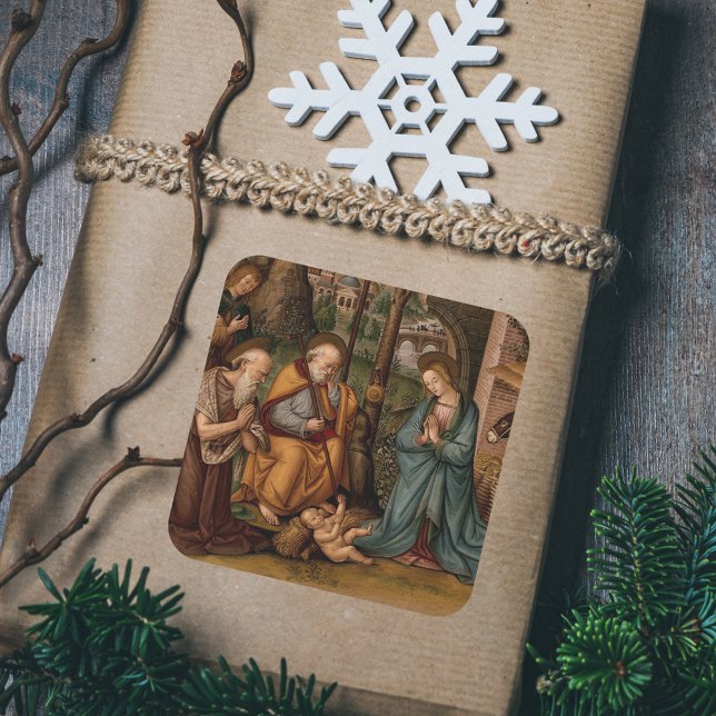 Nativity of Christ Religious Christian Christmas Square Sticker (Vintage Nativity Scene of Jesus Christ Religious Christian Catholic Christmas Square Gift Sticker)
