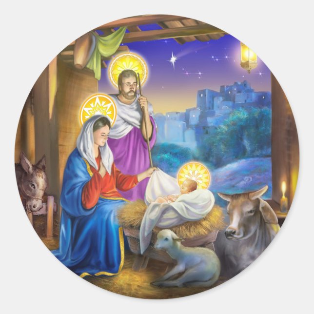 Nativity of Jesus with Josef and Mary, cows, donky Classic Round Sticker (Front)