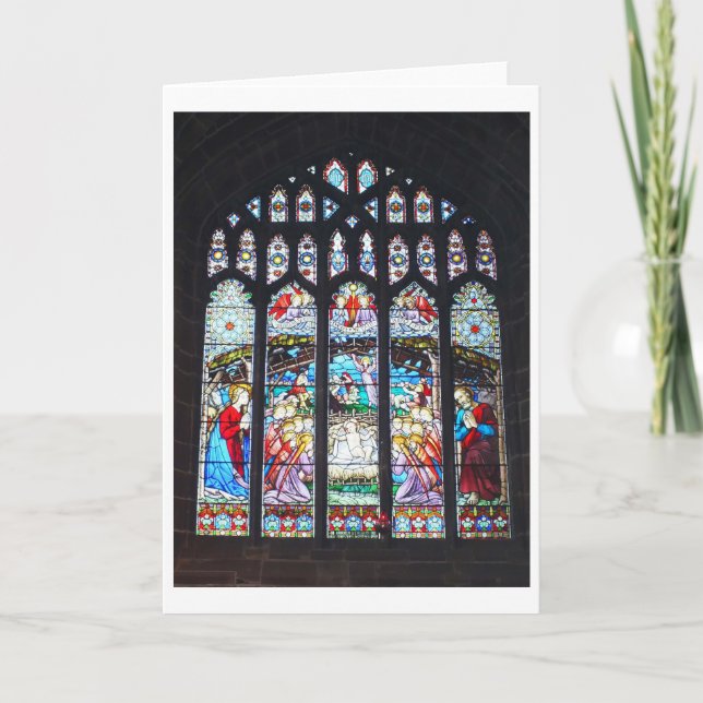 Nativity on a stained glass window holiday card (Front)