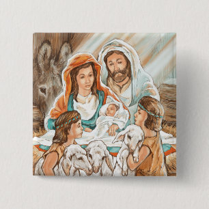 Nativity Painting with Little Shepherd Boys 15 Cm Square Badge