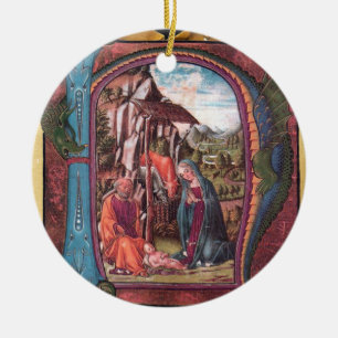 NATIVITY PARCHMENT Blue Gemstone Monogram Ceramic Tree Decoration