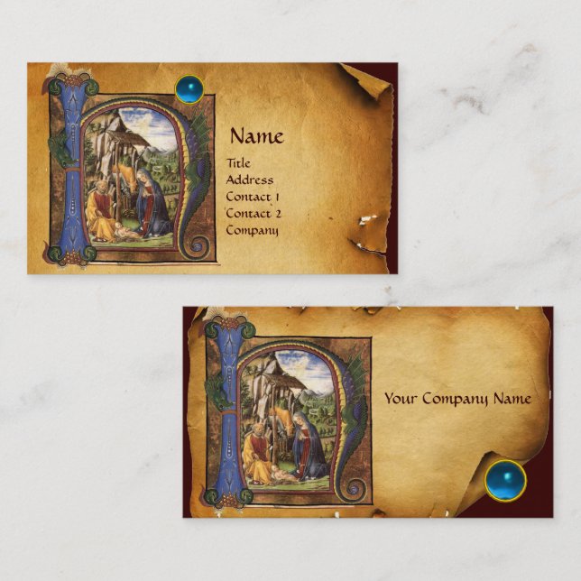 NATIVITY PARCHMENT Bright Blue Sapphire Monogram Business Card (Front/Back)