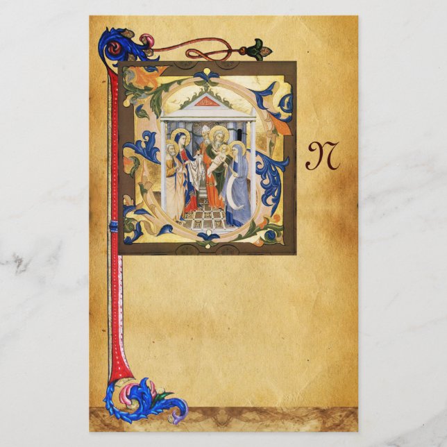 NATIVITY PARCHMENT WITH FLORENTINE FLORAL MONOGRAM STATIONERY (Front)