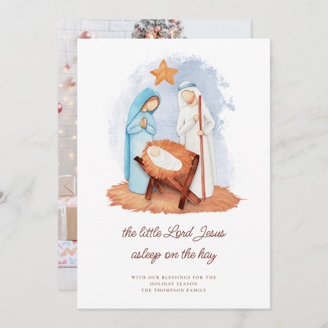 Nativity Scene Asleep on The Hay Photo Christmas  Holiday Card (Front/Back)