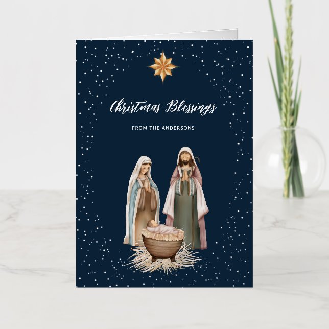 Nativity Scene Baby Jesus Christian Religious Foil Holiday Card (Front)