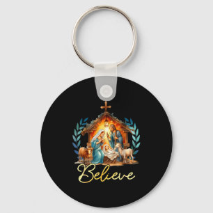 Nativity Scene Believe Christian Xmas Family Merry Key Ring
