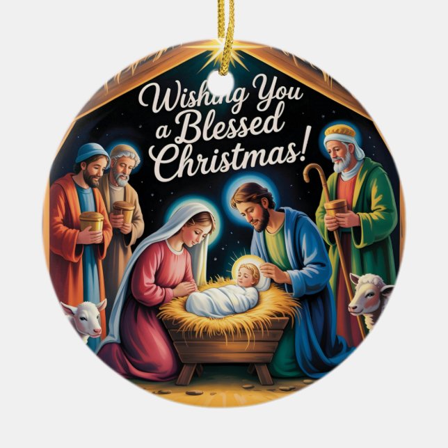 Nativity Scene Christmas Greeting Ceramic Tree Decoration (Front)