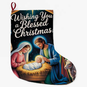 Nativity Scene Christmas Greeting Large Christmas Stocking