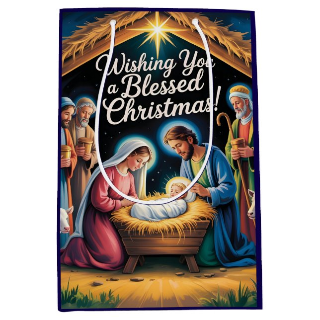 Nativity Scene Christmas Greeting Medium Gift Bag (Front)