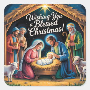 Nativity Scene Christmas Greeting Square Sticker