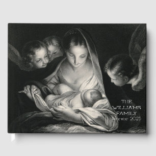 Nativity Scene Crib Virgin Mary Baby Jesus Angels Guest Book