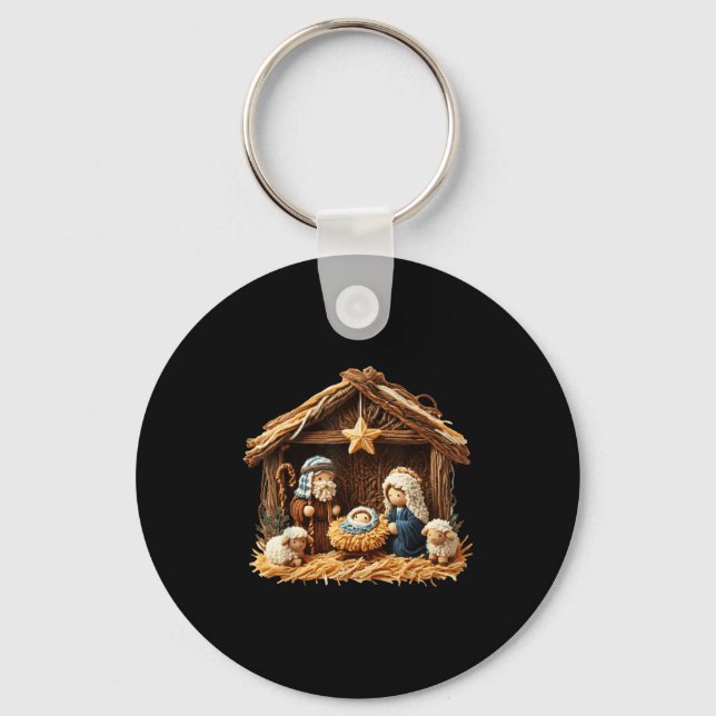 Nativity Scene Faux Yarn Crochet Jesus Christmas R Key Ring (Front)