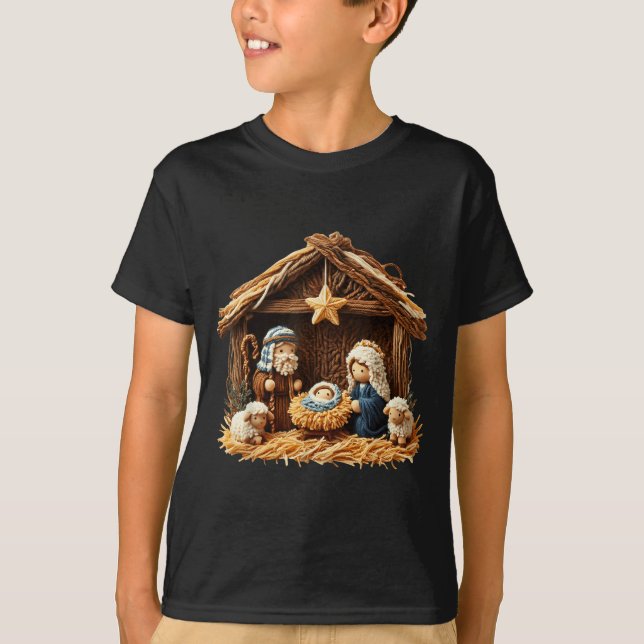 Nativity Scene Faux Yarn Crochet Jesus Christmas R T-Shirt (Front)