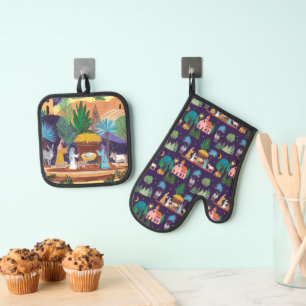 Nativity Scene Hand drawn Christmas Oven Mitt & Pot Holder Set